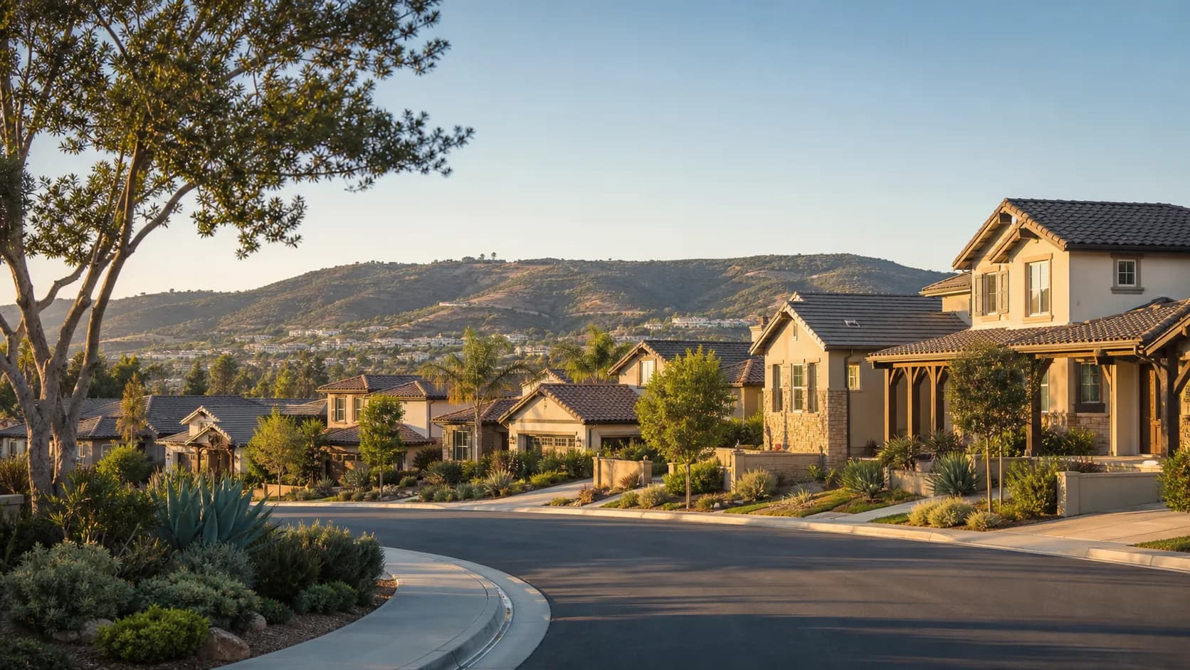 Illustrative newer residential hillside streetscape inspired by Carmel Valley.