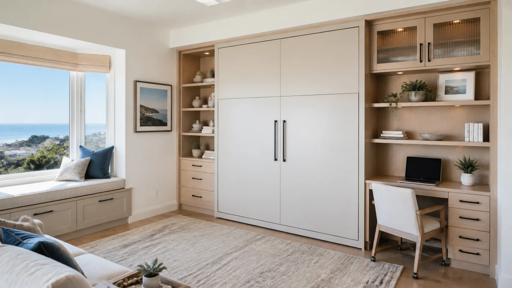 Illustrative guest room and home office with a closed modern wall bed, desk, and built-in storage.