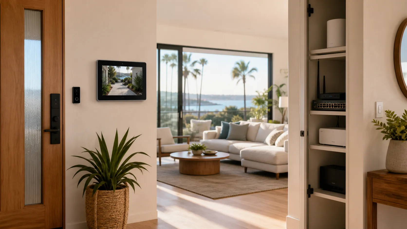 Illustrative San Diego entryway with integrated smart-home equipment and tidy network storage.