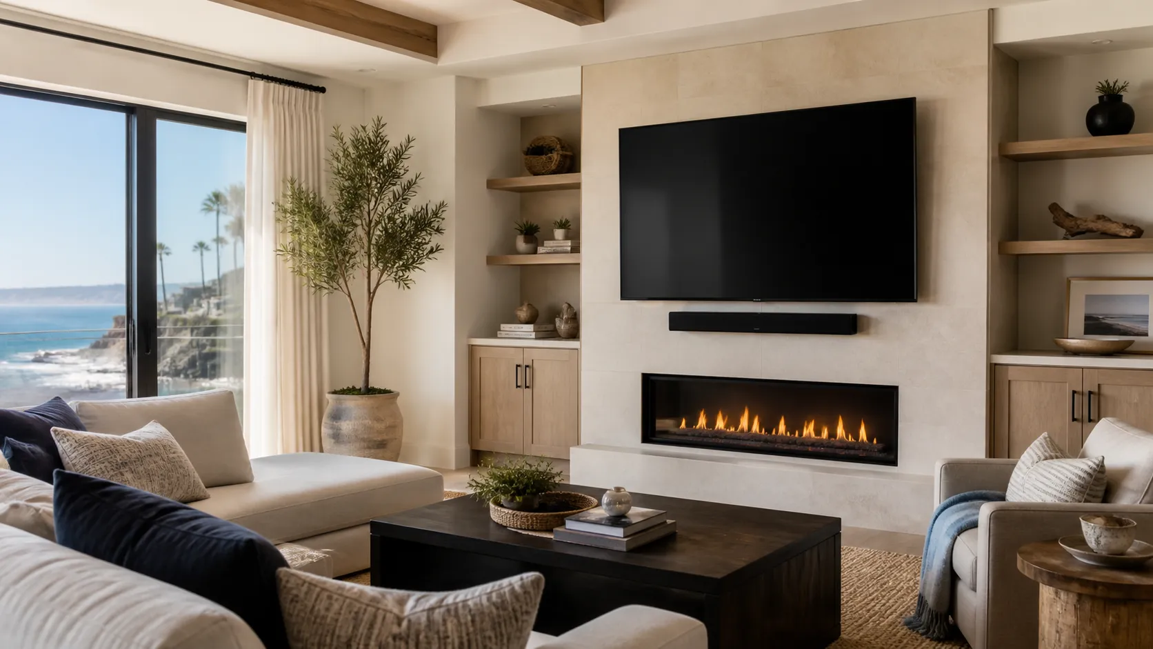 Illustrative coastal living room with a TV mounted above a fireplace and a soundbar below.