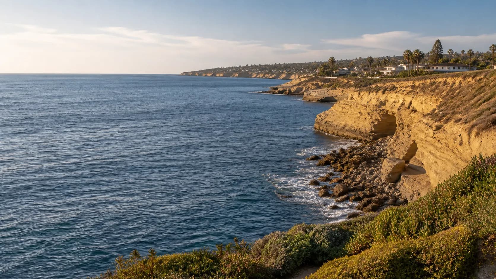 Illustrative regional view of sandstone coastal bluffs and the Pacific shoreline near La Jolla.