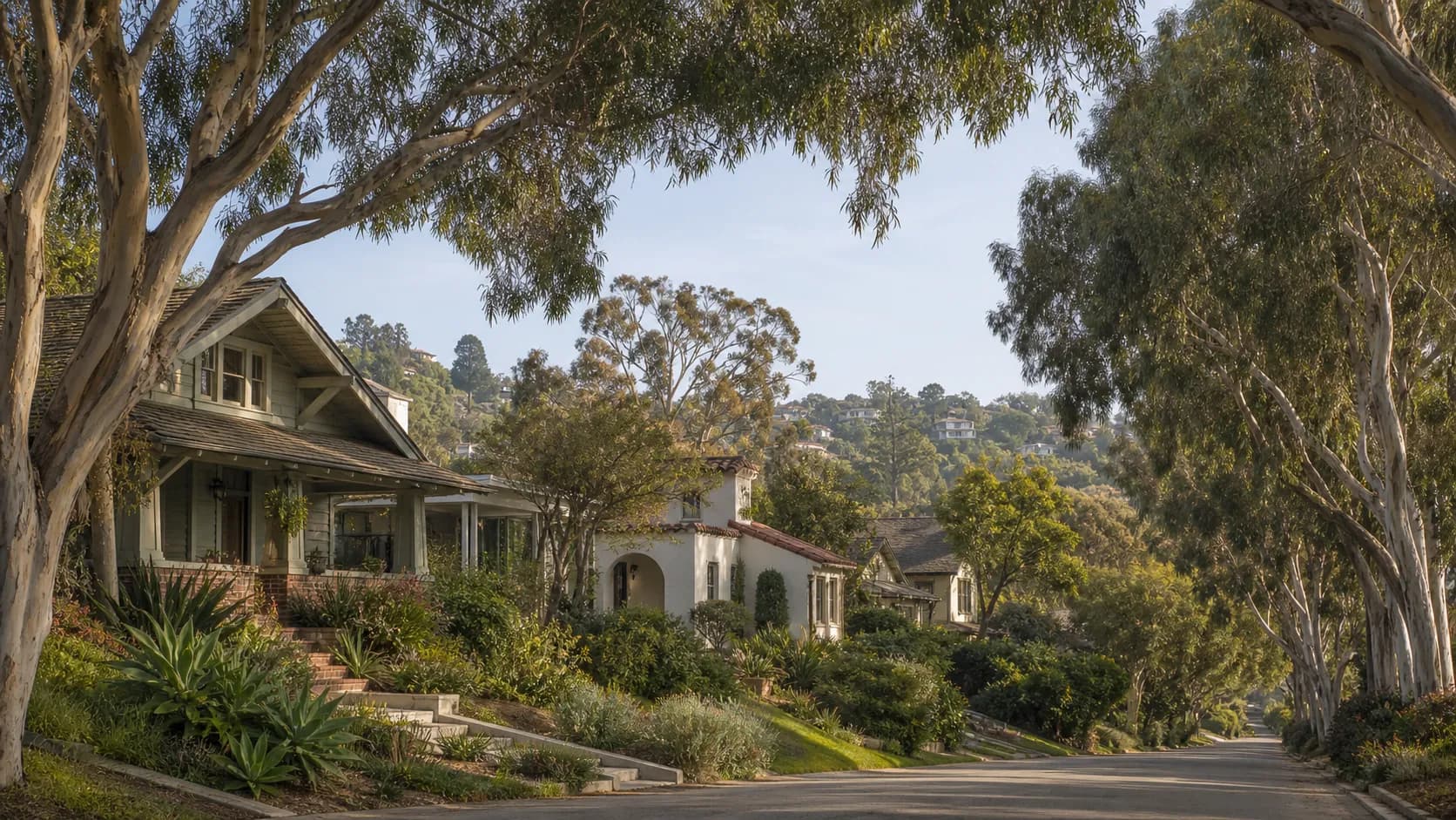 Illustrative Mission Hills residential street beneath mature eucalyptus, with Craftsman and Spanish Revival homes.