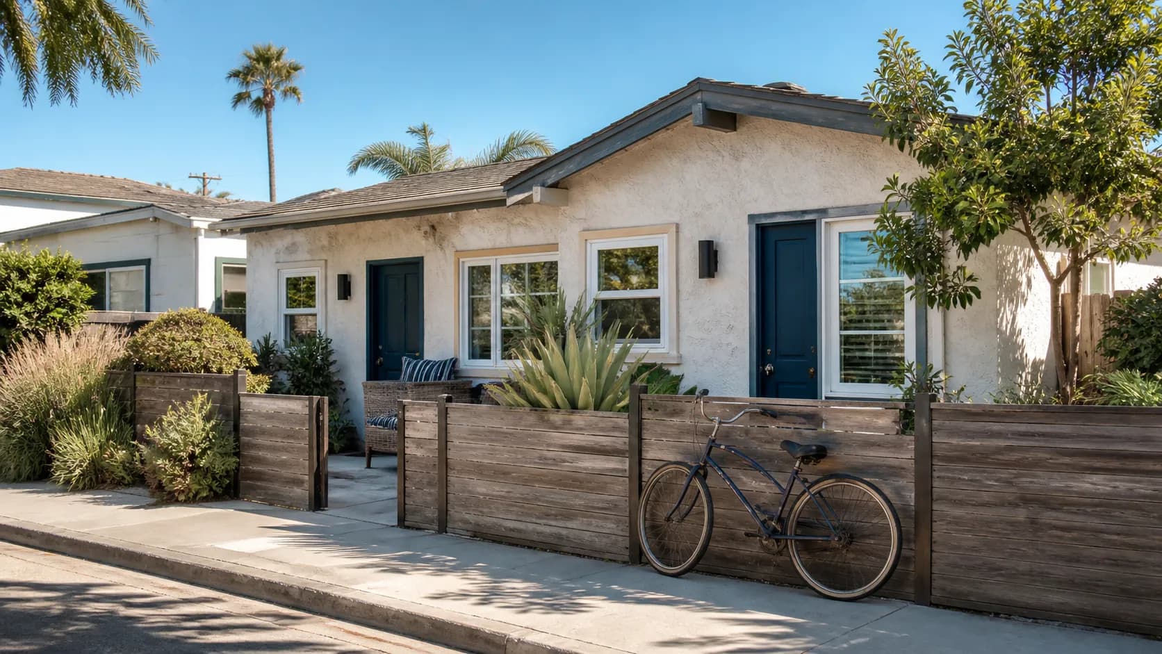 Illustrative mid-century beach bungalow with a bicycle and small planted patio, inspired by Pacific Beach.