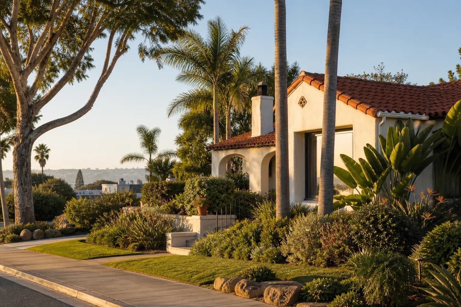 Illustrative Spanish Revival home with palms and mature landscaping inspired by Point Loma's residential setting.