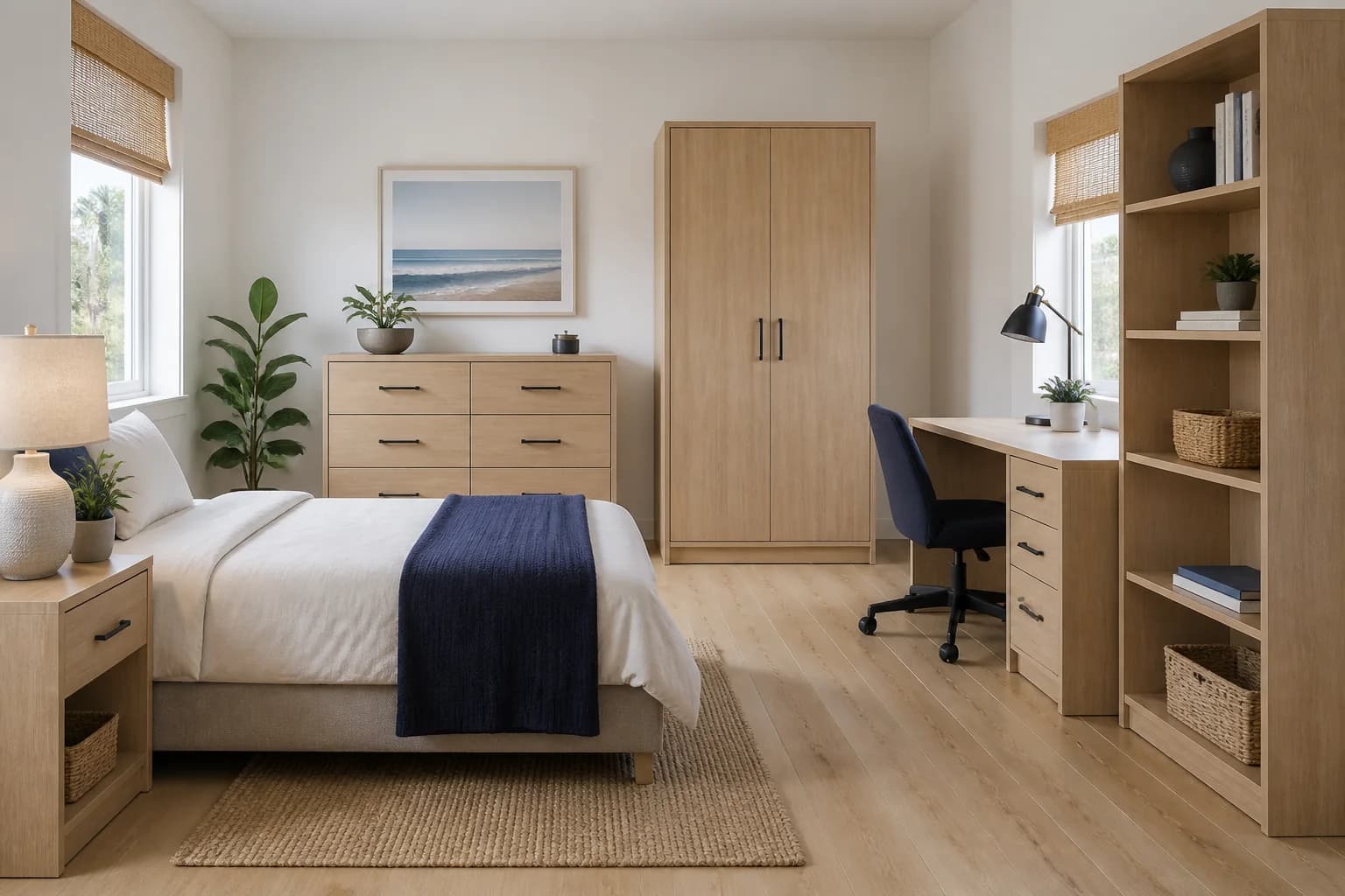 Illustrative finished bedroom and home office with an assembled wardrobe, dresser, desk, shelving, and nightstand