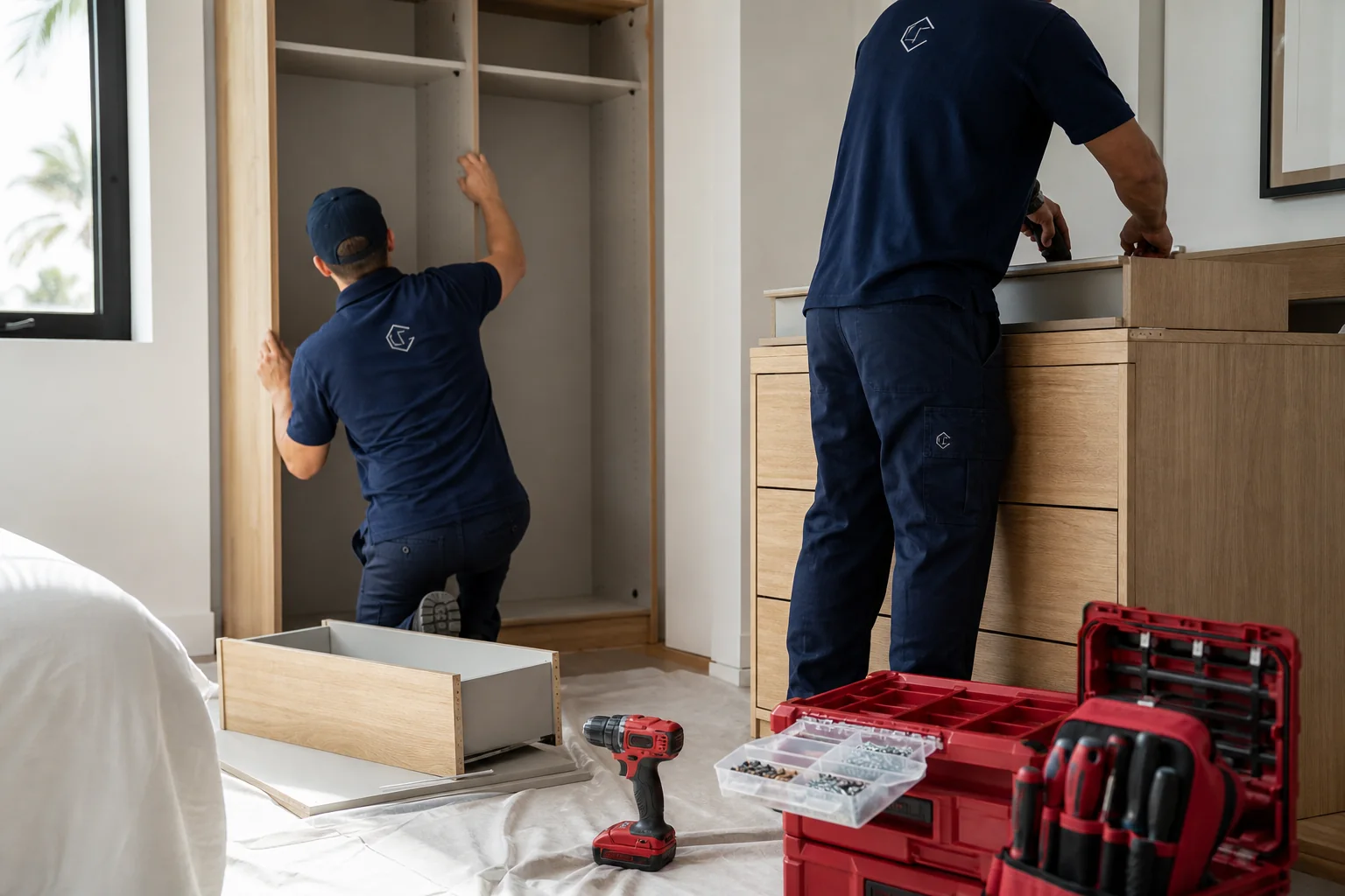 Illustrative rear-facing installers assembling a wardrobe and dresser with organized professional tools