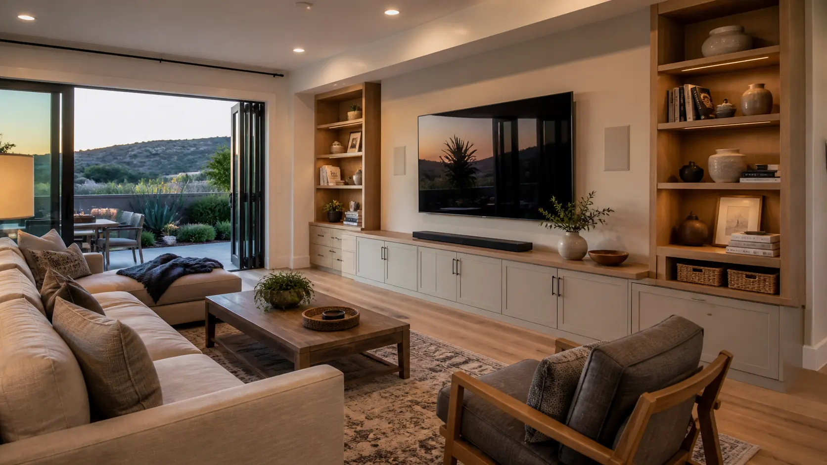 Illustrative Carmel Valley family room with built-in storage and discreet home-theater technology.