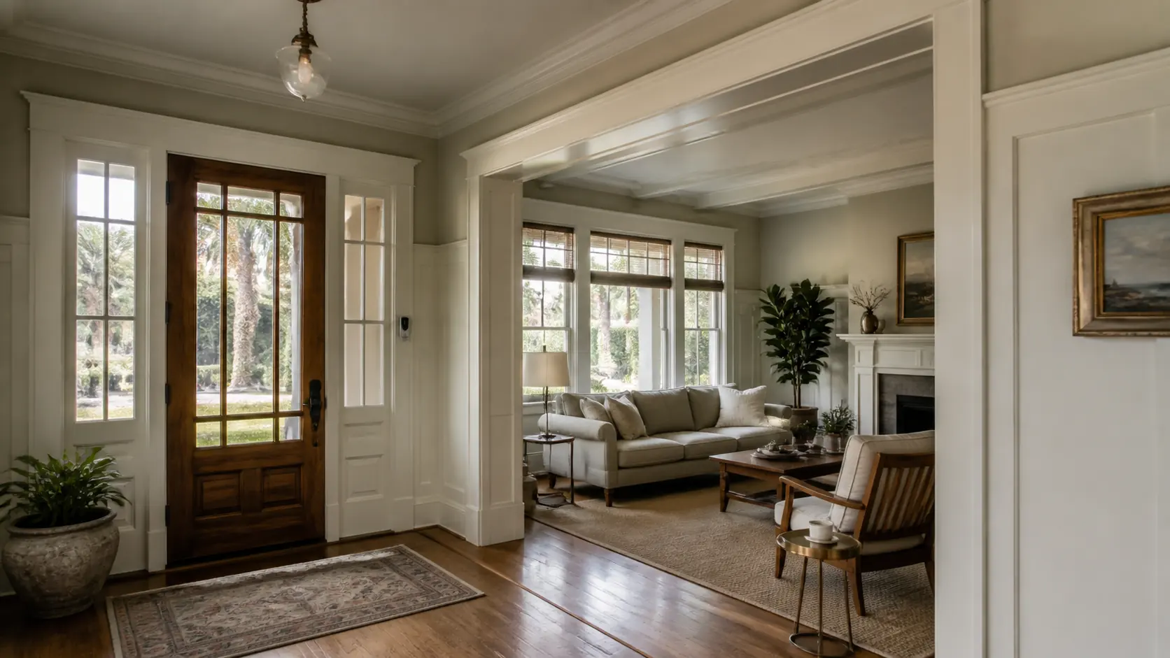 Illustrative Coronado character-home entry with preserved millwork and discreet security technology.