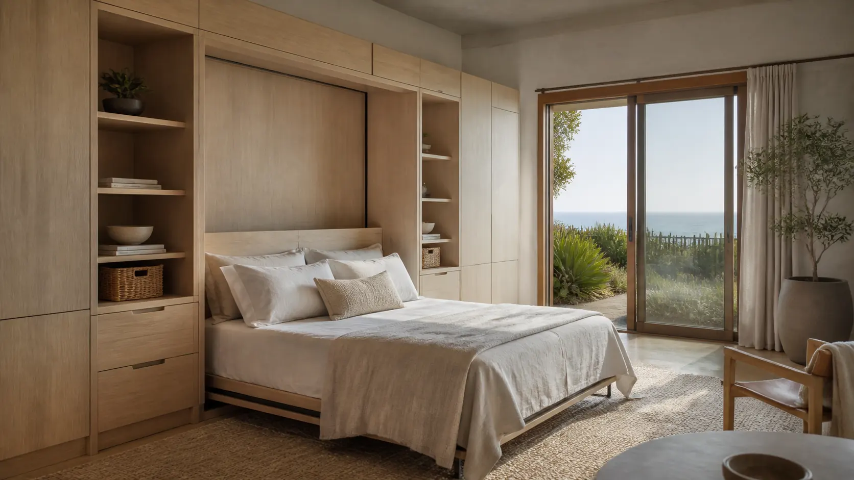 Illustrative Del Mar guest room with pale-oak cabinetry and an integrated wall bed.