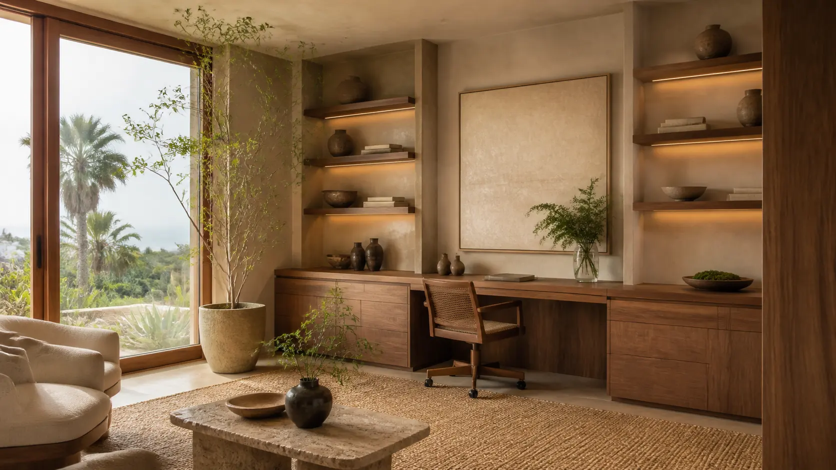 Illustrative Encinitas home office with precise cabinetry, display shelving, and installed art.