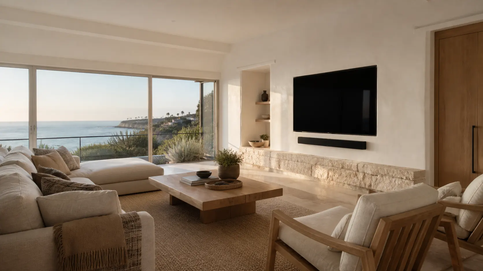Illustrative La Jolla coastal-modern living room with ocean-facing windows and discreet integrated AV.