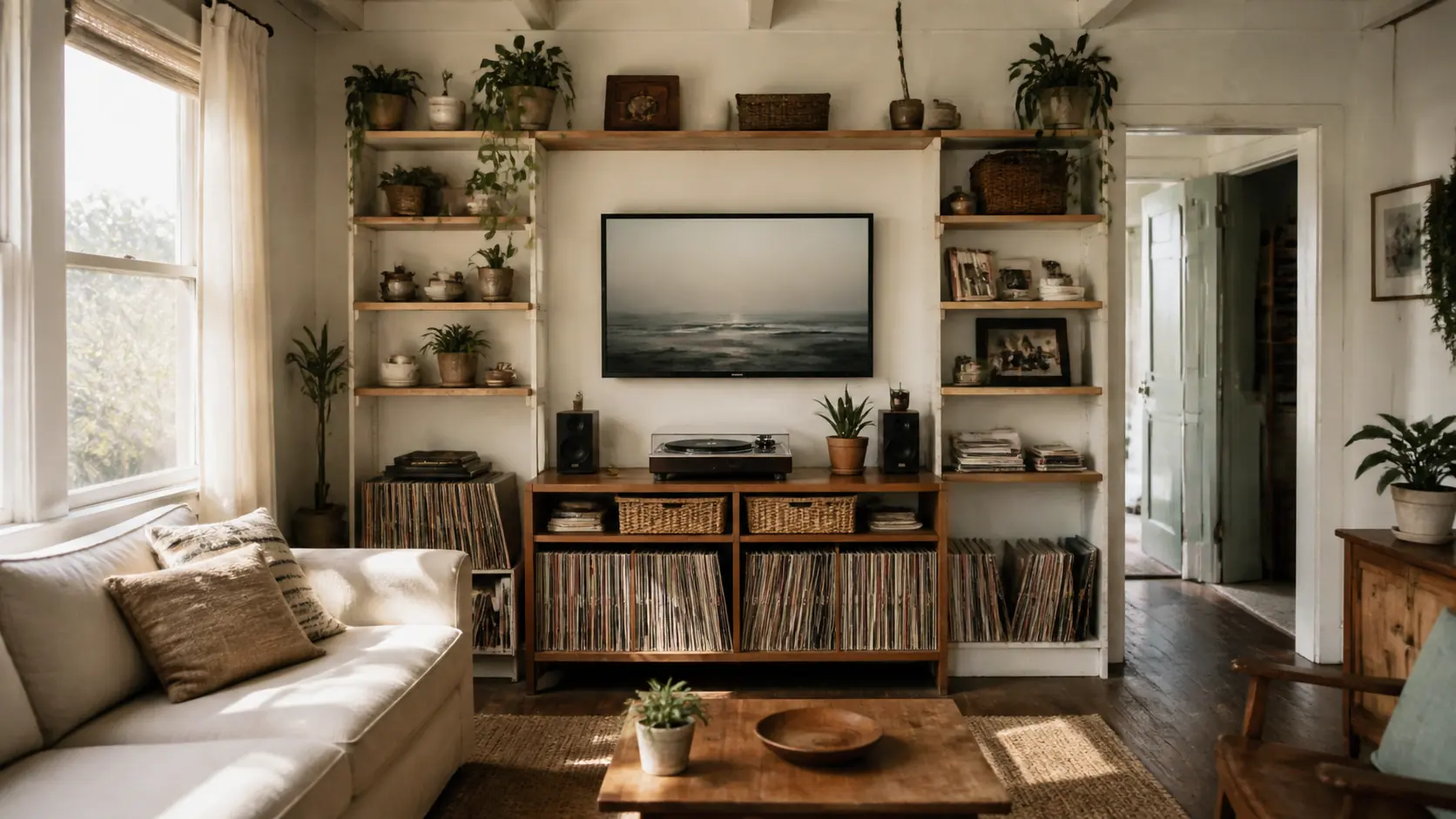 Illustrative Ocean Beach bungalow living room with handcrafted storage and a modest media setup.