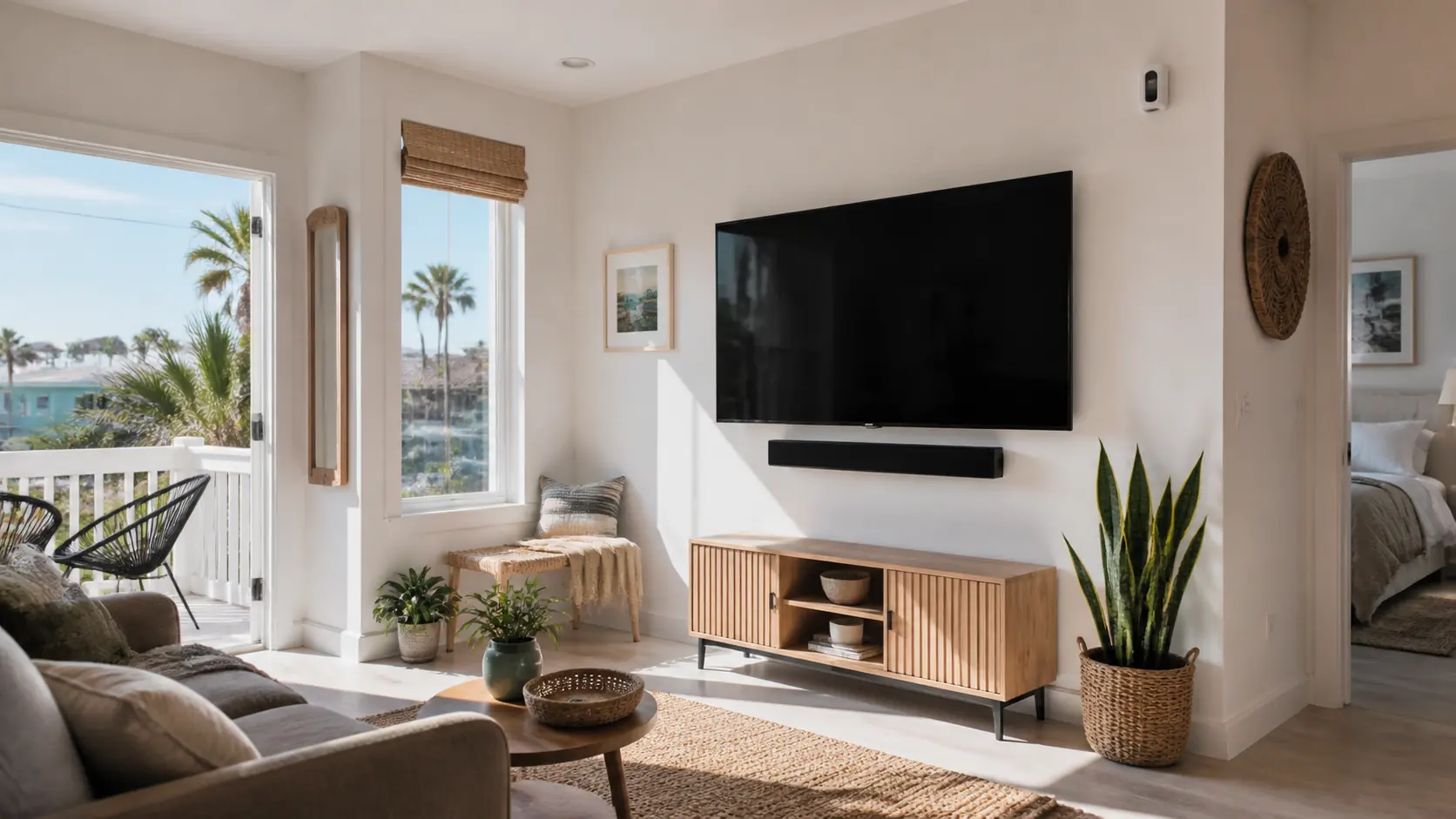 Illustrative compact Pacific Beach bungalow living room with a concealed-cable media installation.
