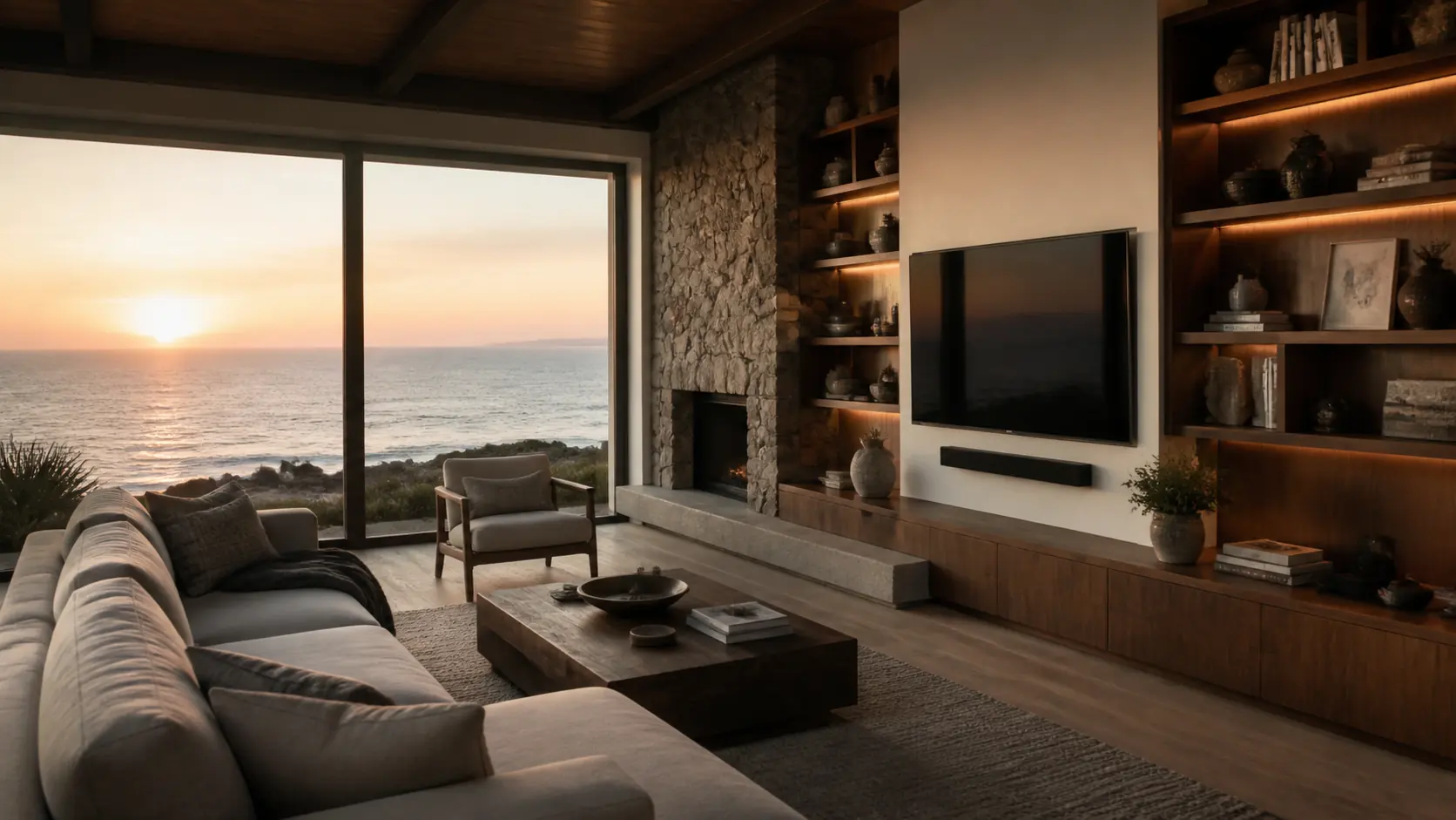 Illustrative sunset-facing Point Loma living room with natural materials and understated AV.