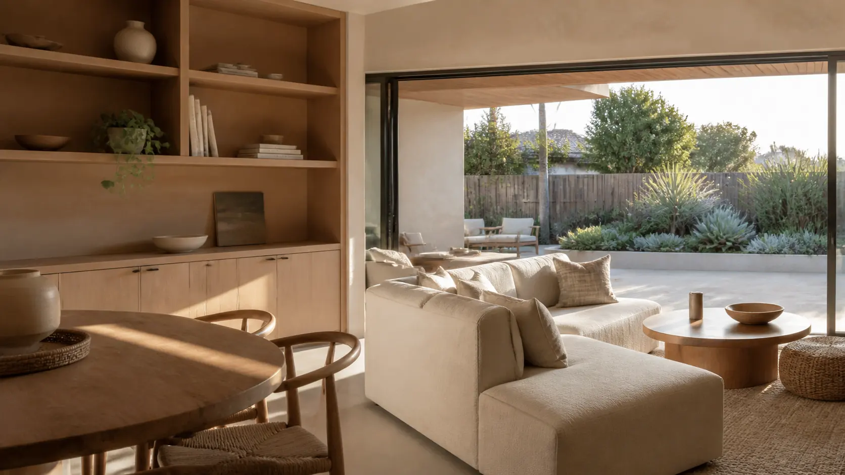Illustrative Solana Beach indoor-outdoor living space with coordinated built-ins and furniture.